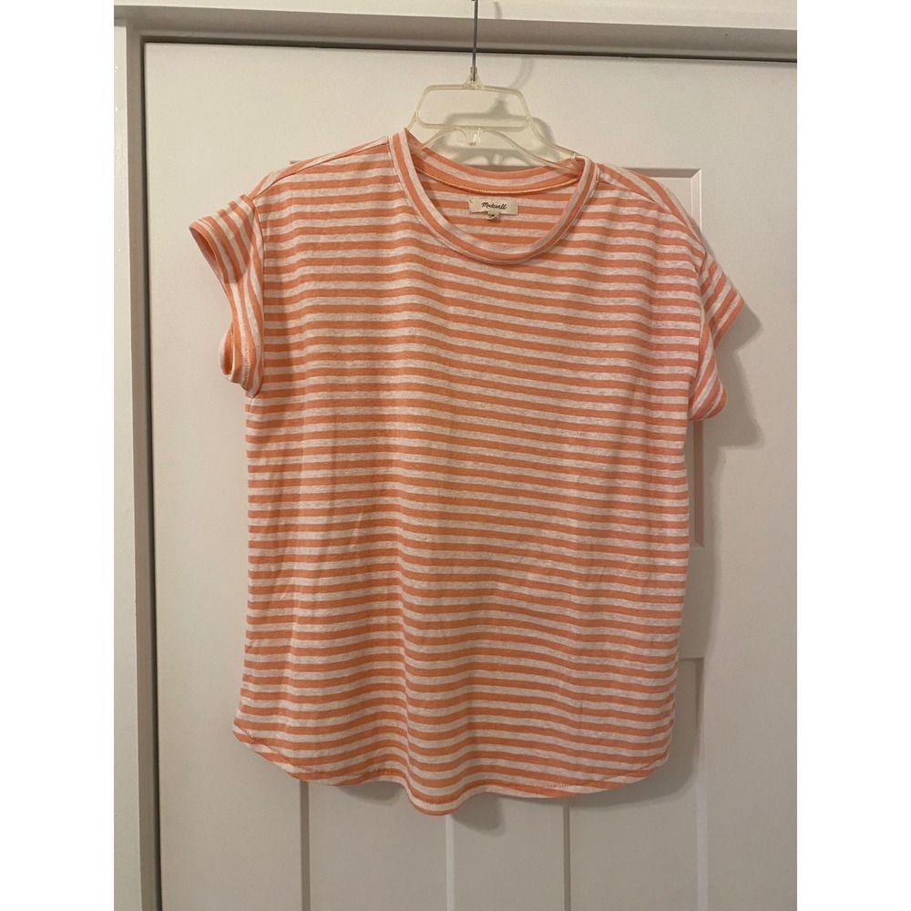 Madewell Orange White Striped Linen Blend Crew Neck Cap Sleeve Tee Shirt M